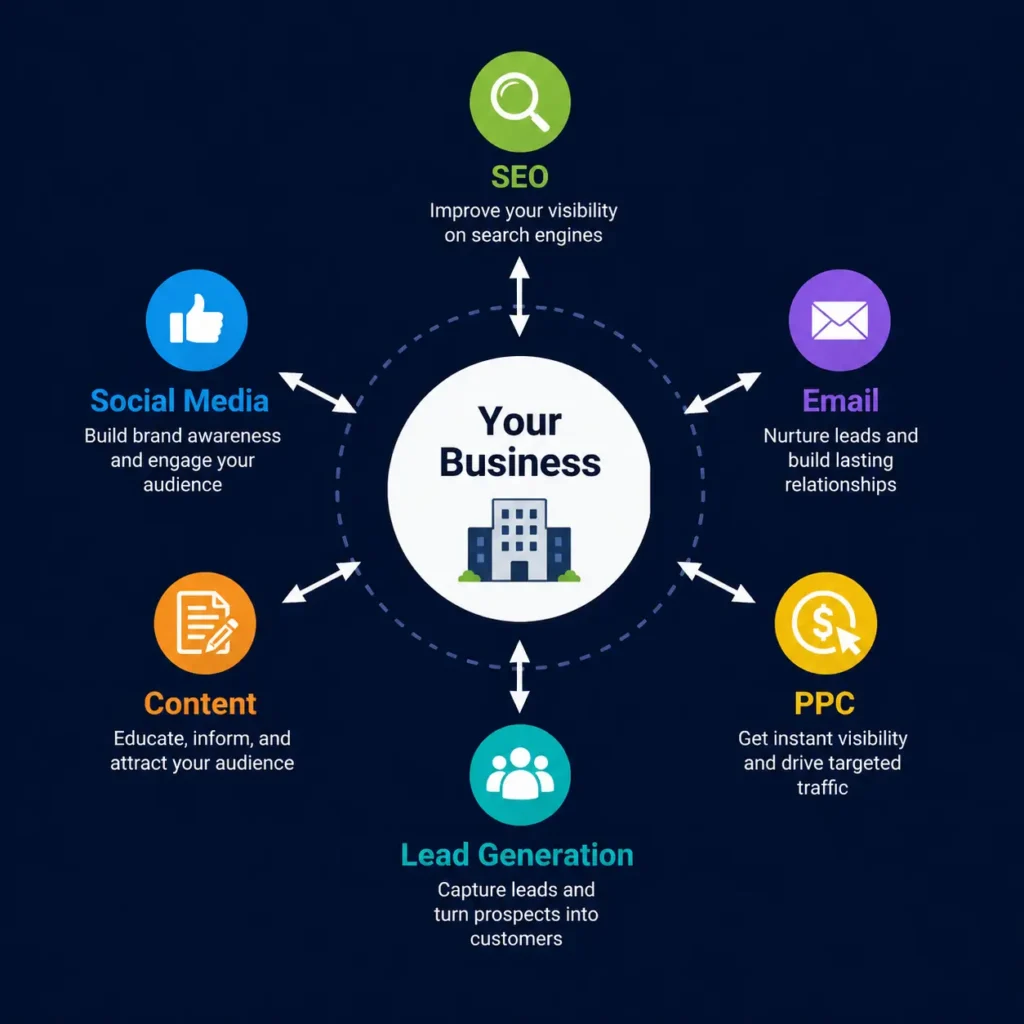 digital marketing channels ecosystem showing SEO social media email content PPC and lead generation
