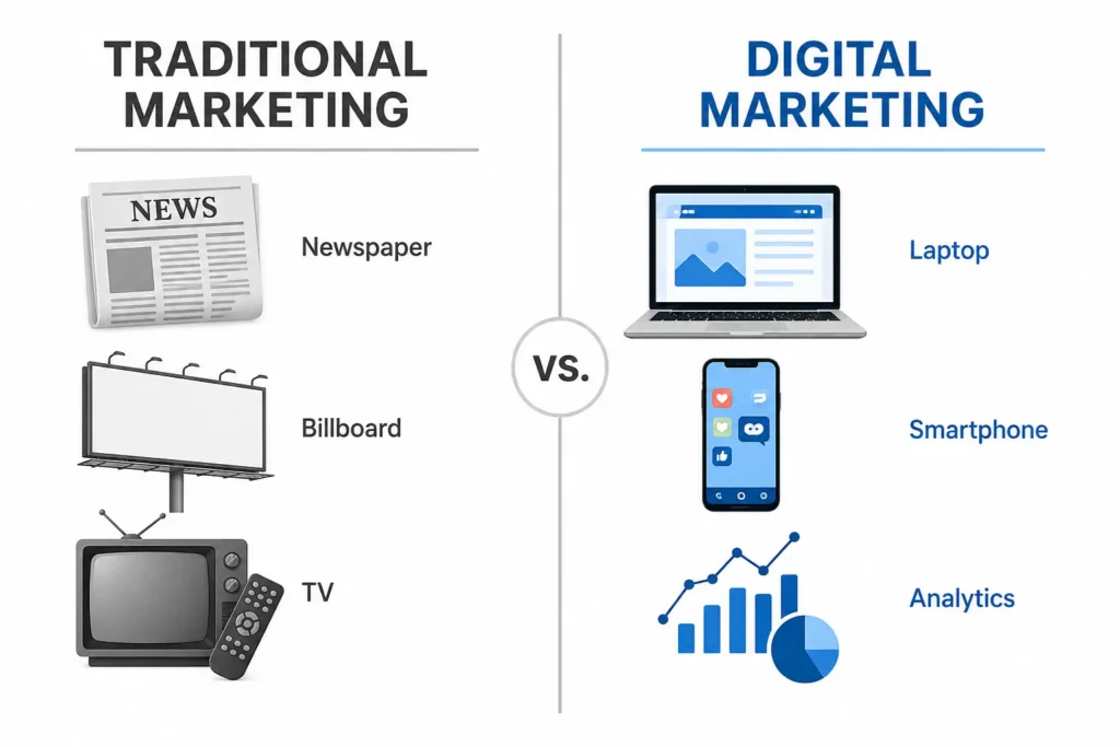 digital marketing vs traditional marketing comparison showing key differences for businesses