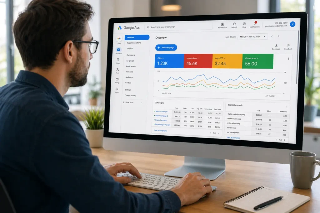 business owner setting up Google Ads campaign on desktop computer