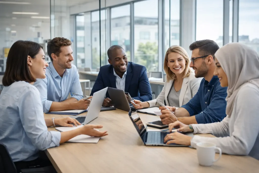in-house team collaborating in modern office environment