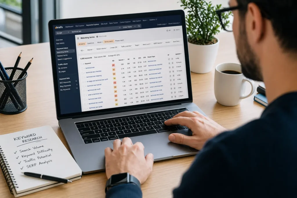 digital marketer doing keyword research on Ahrefs to rank on Google