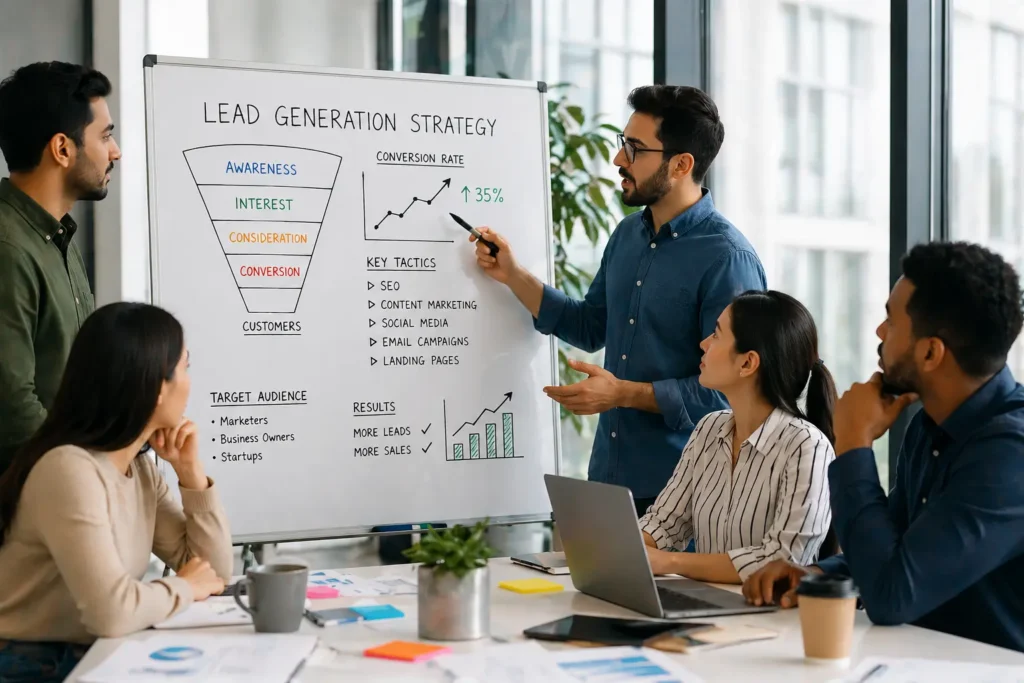 digital marketing team planning a successful lead generation strategy to convert more clients