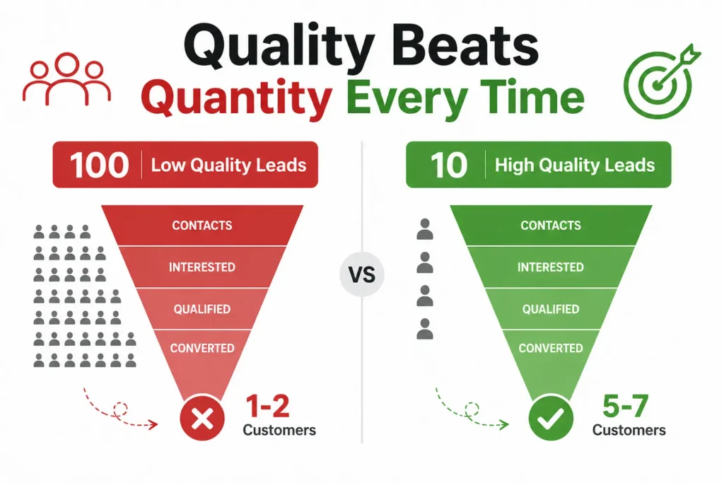 lead quality vs quantity comparison showing why 10 good leads beat 100 bad leads