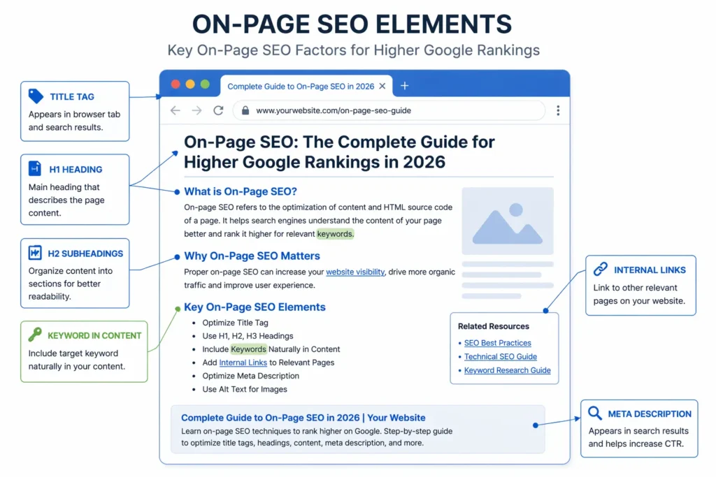 on-page SEO elements diagram showing how to optimize a webpage for Google ranking