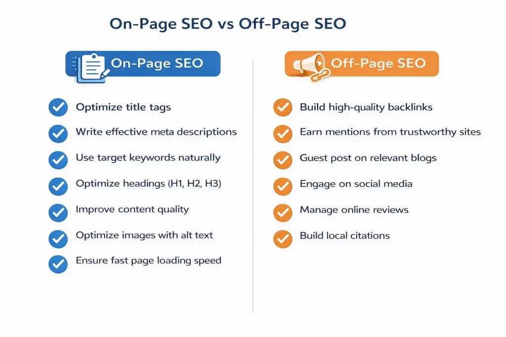 on-page SEO vs off-page SEO checklist comparison infographic