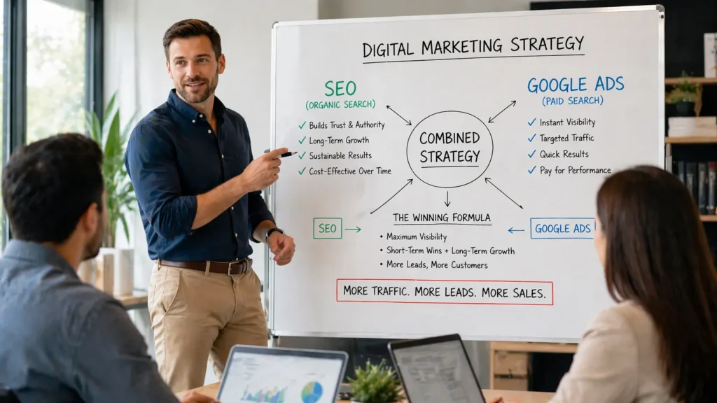 business owner planning combined SEO and Google Ads digital marketing strategy