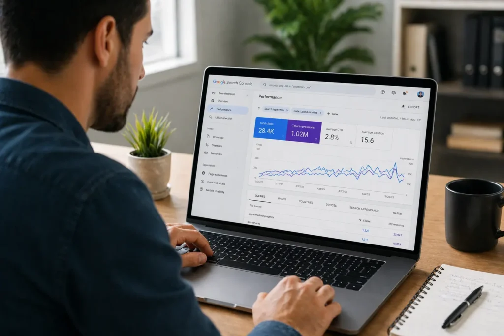 digital marketer analyzing SEO organic traffic growth on laptop dashboard