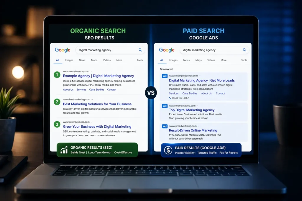 SEO vs Google Ads comparison showing organic and paid search results for business
