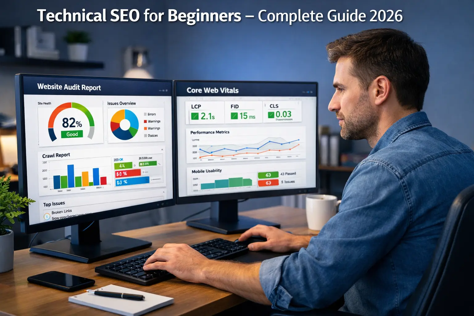 technical SEO for beginners guide 2026 showing website audit dashboard