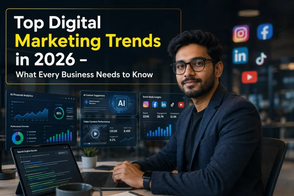 digital marketer reviewing top digital marketing trends 2026 on futuristic dashboard screens