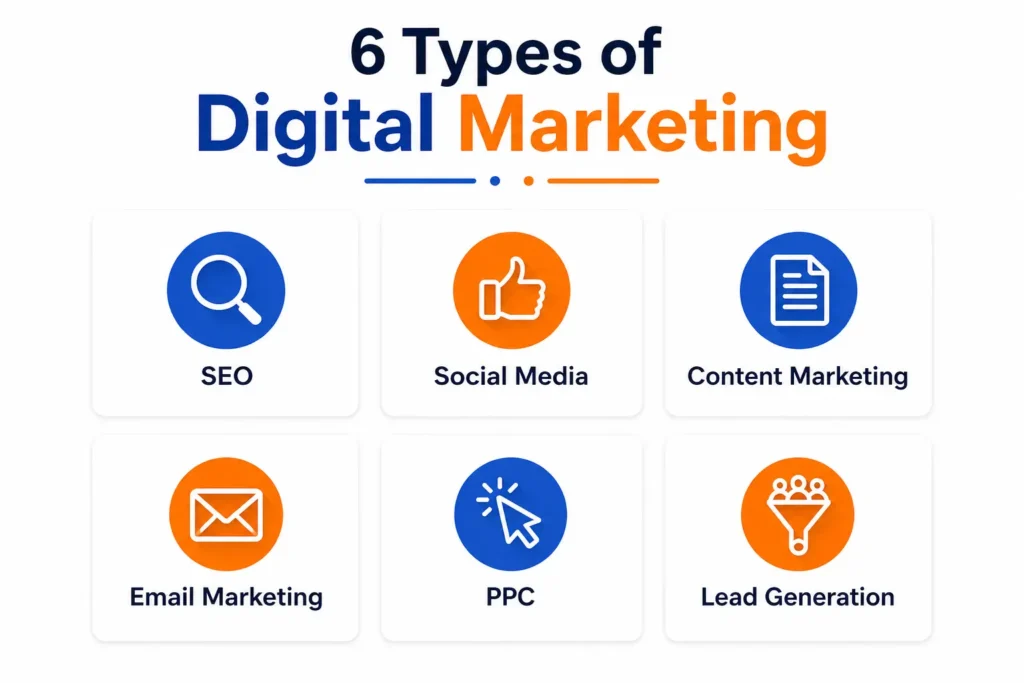 types of digital marketing in 2026 showing SEO social media content email PPC and lead generation