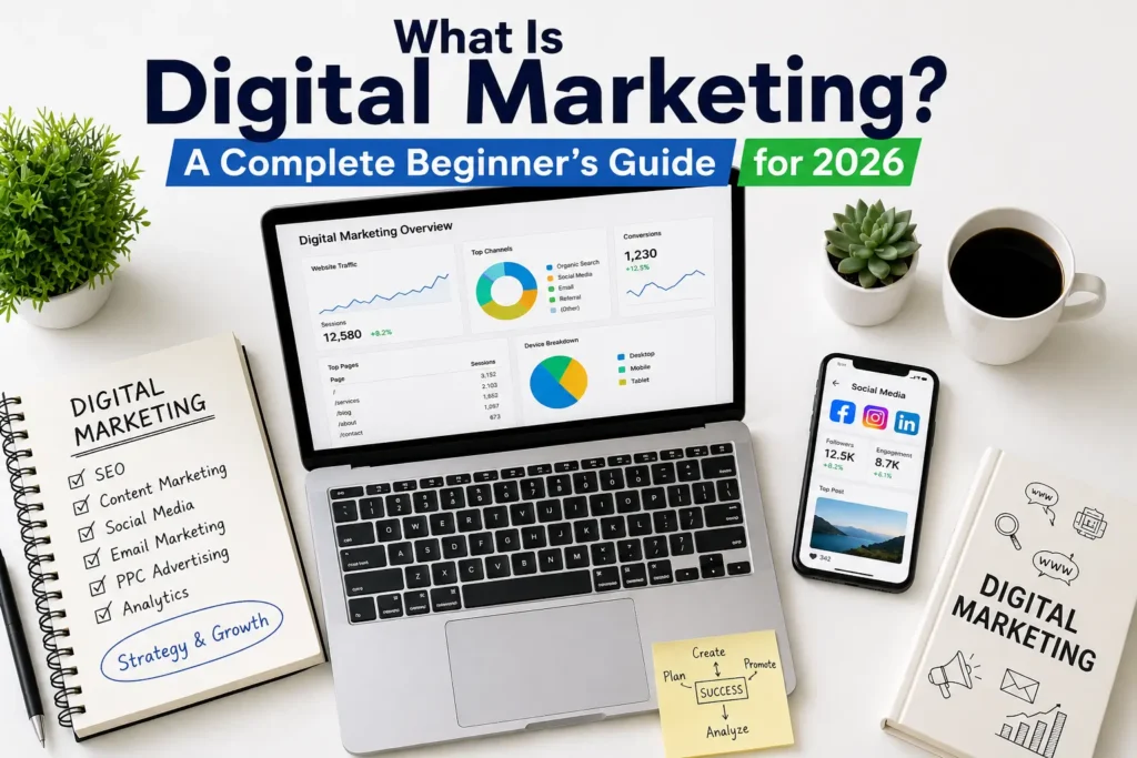 what is digital marketing complete beginner's guide 2026 showing digital strategy workspace
