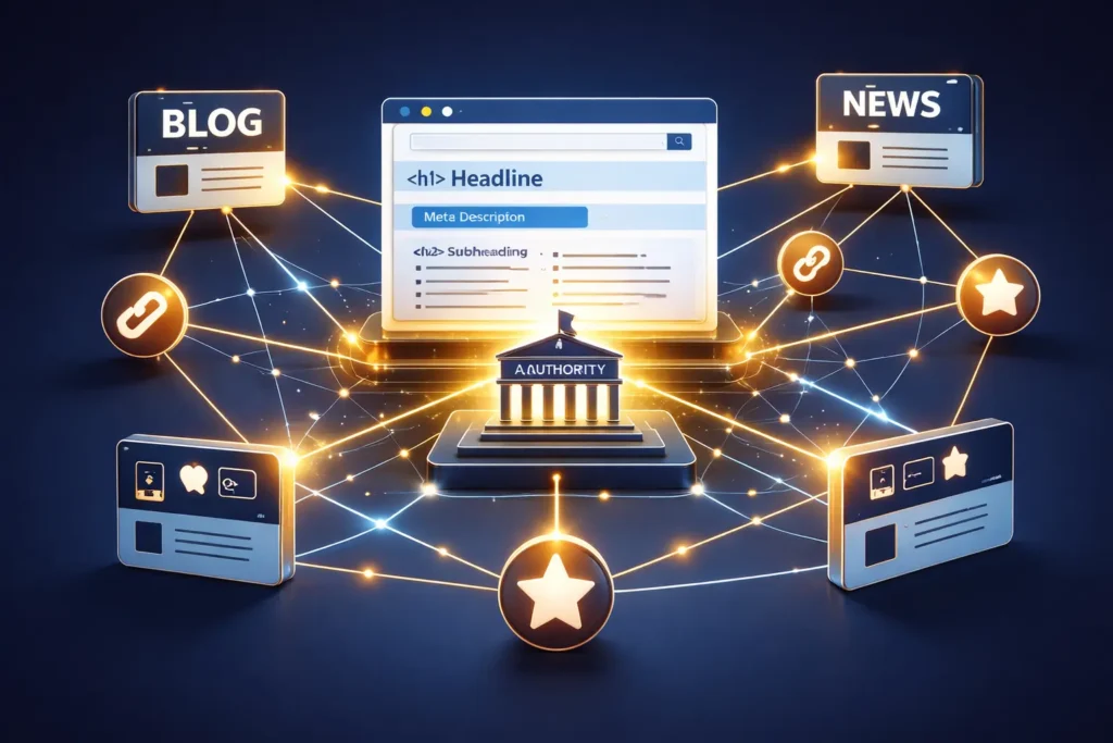 off-page SEO backlink network connecting website to high-authority domains