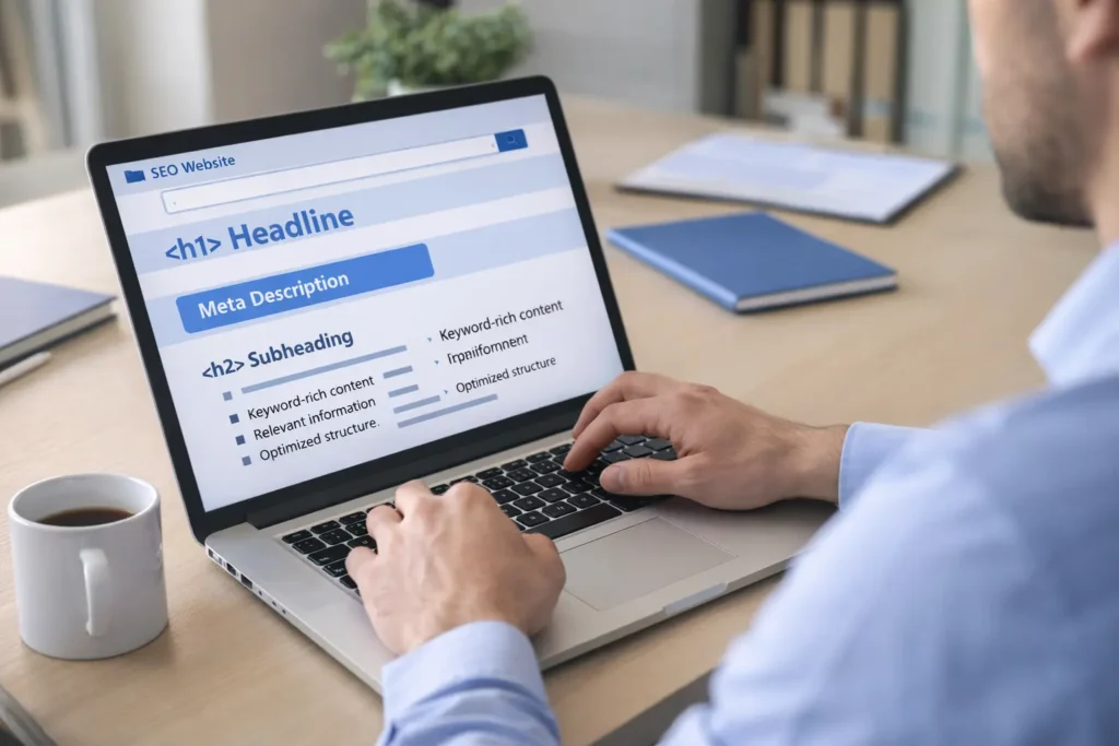 digital marketer optimizing on-page SEO elements on a website