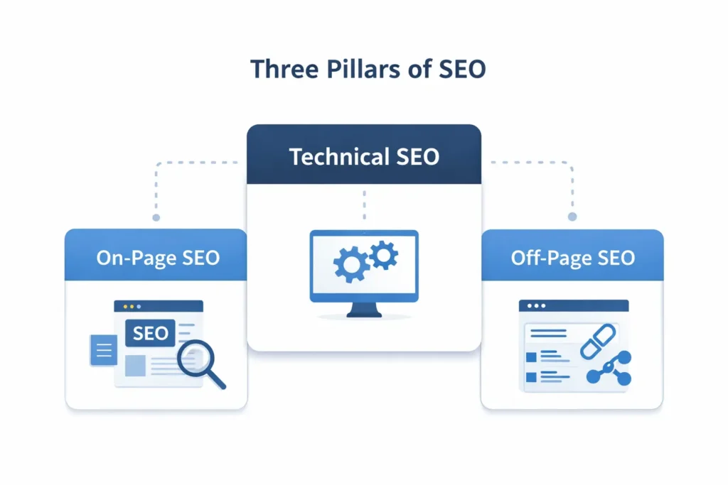 three pillars of SEO showing technical SEO as the foundation